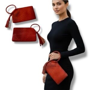 Clutch Fuchsia Croc HandCuff Tassel Faux Leather Braided Wristlet NWOT